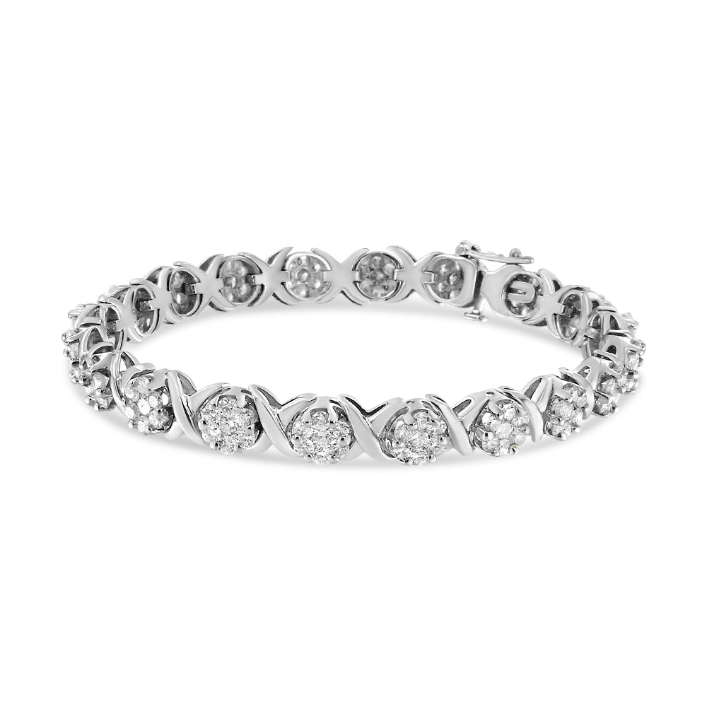 White metal bracelet with round white gemstones in prong settings, shown at an angled front view.
