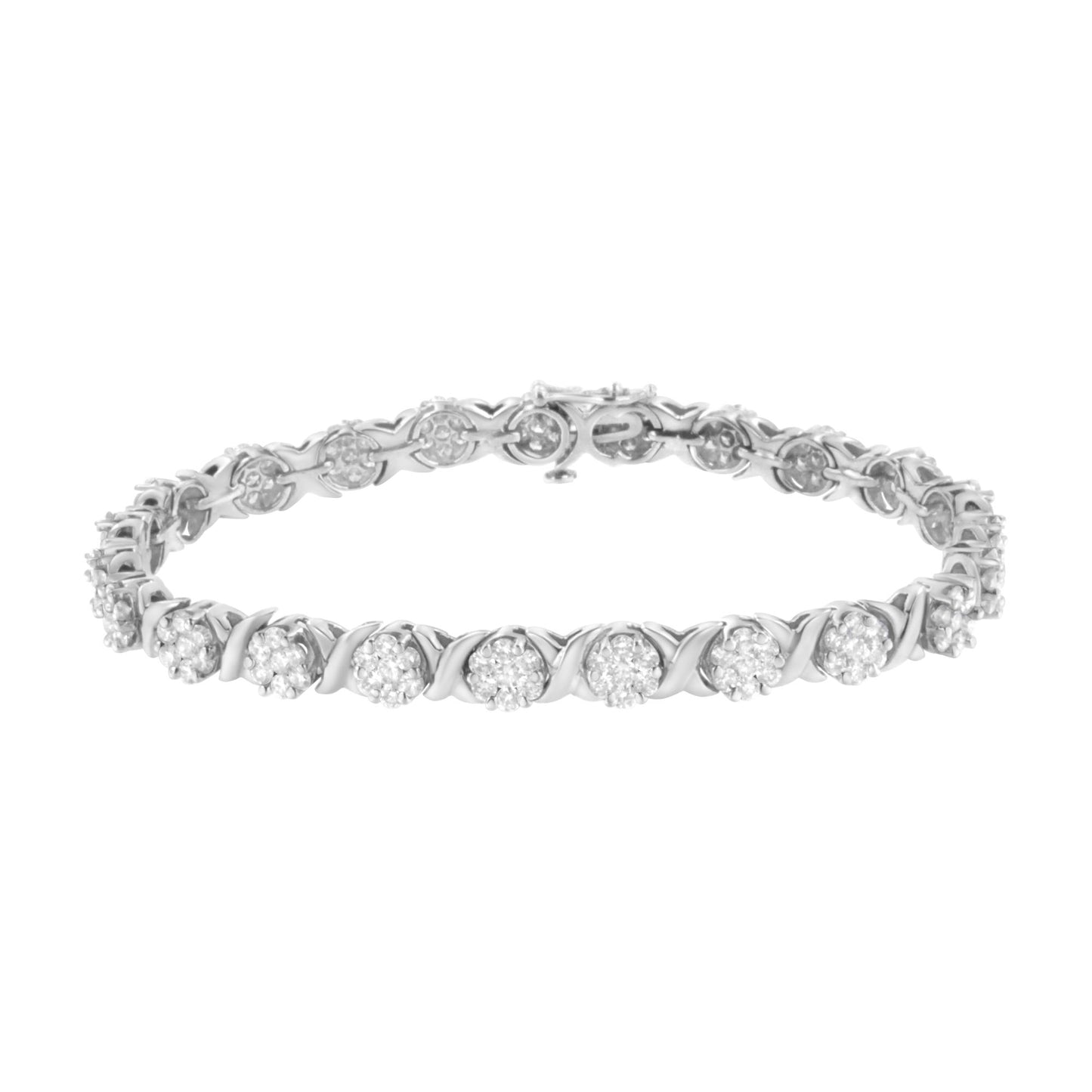 White metal bracelet with round white gemstones in prong settings, shown from a front angle.