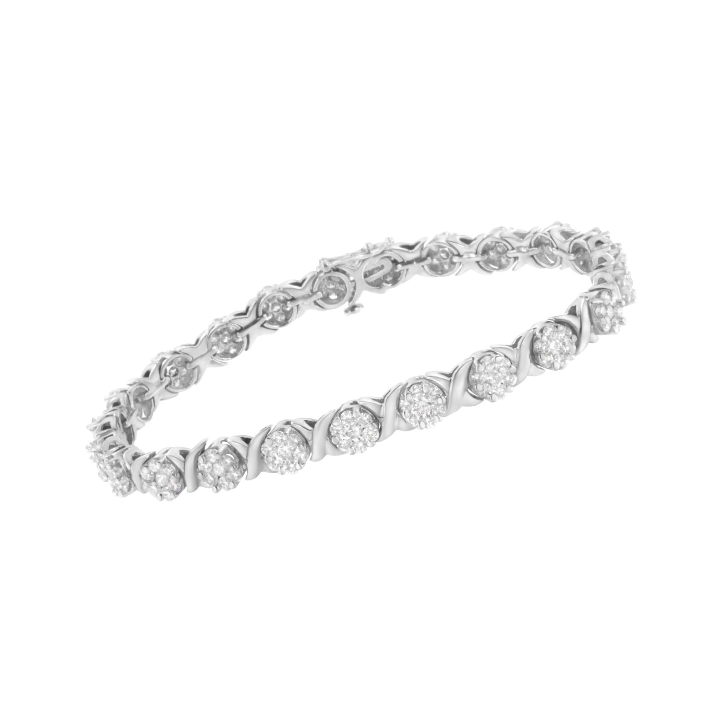 White metal bracelet with round white gemstones in prong settings, shown at an angle on a white background.