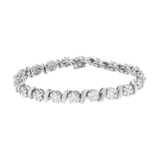 White metal bracelet with round white gemstones in prong settings, shown in a front angle.