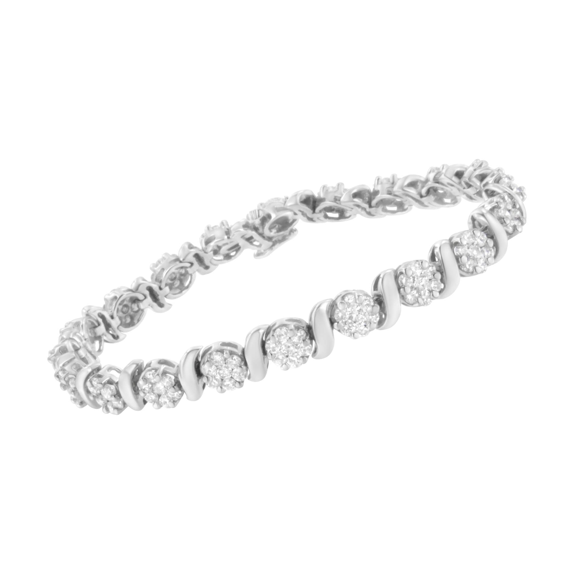 White metal bracelet with round white gemstones in a prong setting, shown at a slight angle.