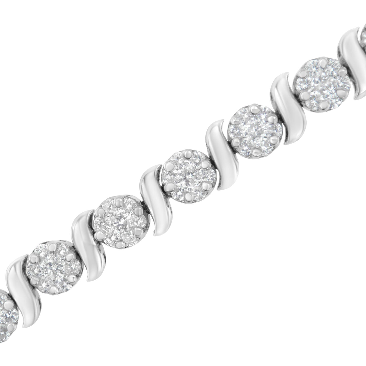 Close-up angled shot of a white metal bracelet featuring round clusters of white gemstones with prong settings alternating with smooth curved links.