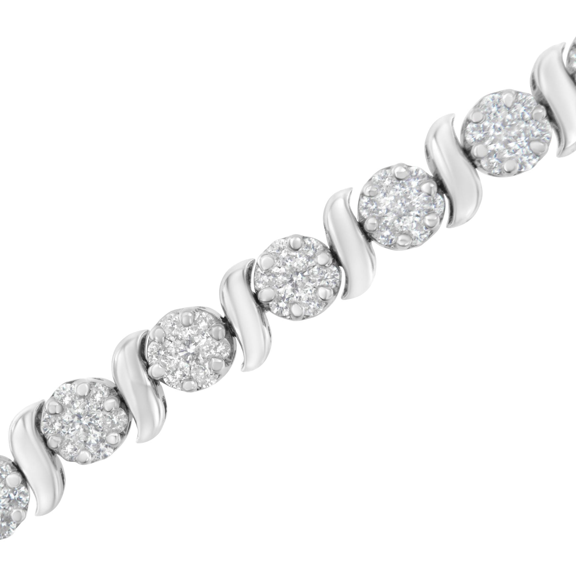 Close-up angled shot of a white metal bracelet featuring round clusters of white gemstones with prong settings alternating with smooth curved links.