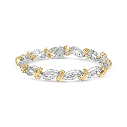 Bracelet shown from a front angle, featuring alternating yellow and white metal links with white round and baguette-shaped gemstones set in a channel setting.