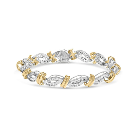 Bracelet shown from a front angle, featuring alternating yellow and white metal links with white round and baguette-shaped gemstones set in a channel setting.