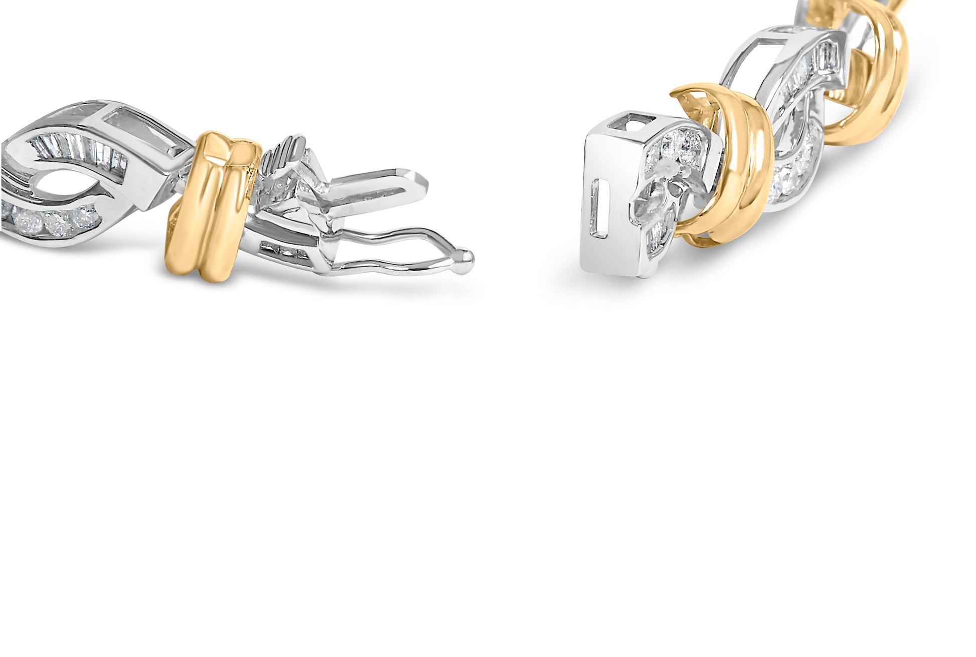 Close-up angled shot of a two-tone bracelet with interwoven yellow and white metal links, featuring channel-set white baguette and round gemstones.