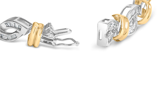 Close-up angled shot of a two-tone bracelet with interwoven yellow and white metal links, featuring channel-set white baguette and round gemstones.