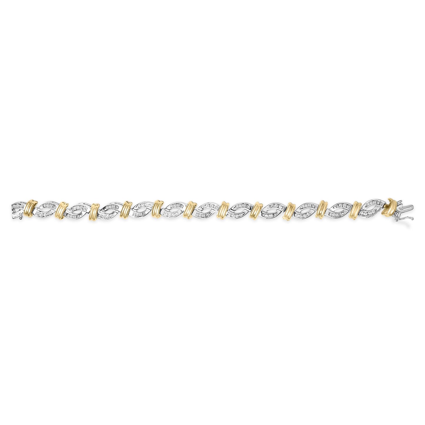 Bracelet shown flat on a white background, featuring alternating link design with yellow and white metal tones, accented with white baguette and round gemstones in channel settings.