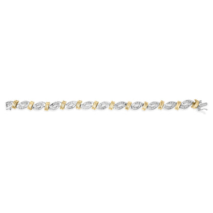 Bracelet shown flat on a white background, featuring alternating link design with yellow and white metal tones, accented with white baguette and round gemstones in channel settings.