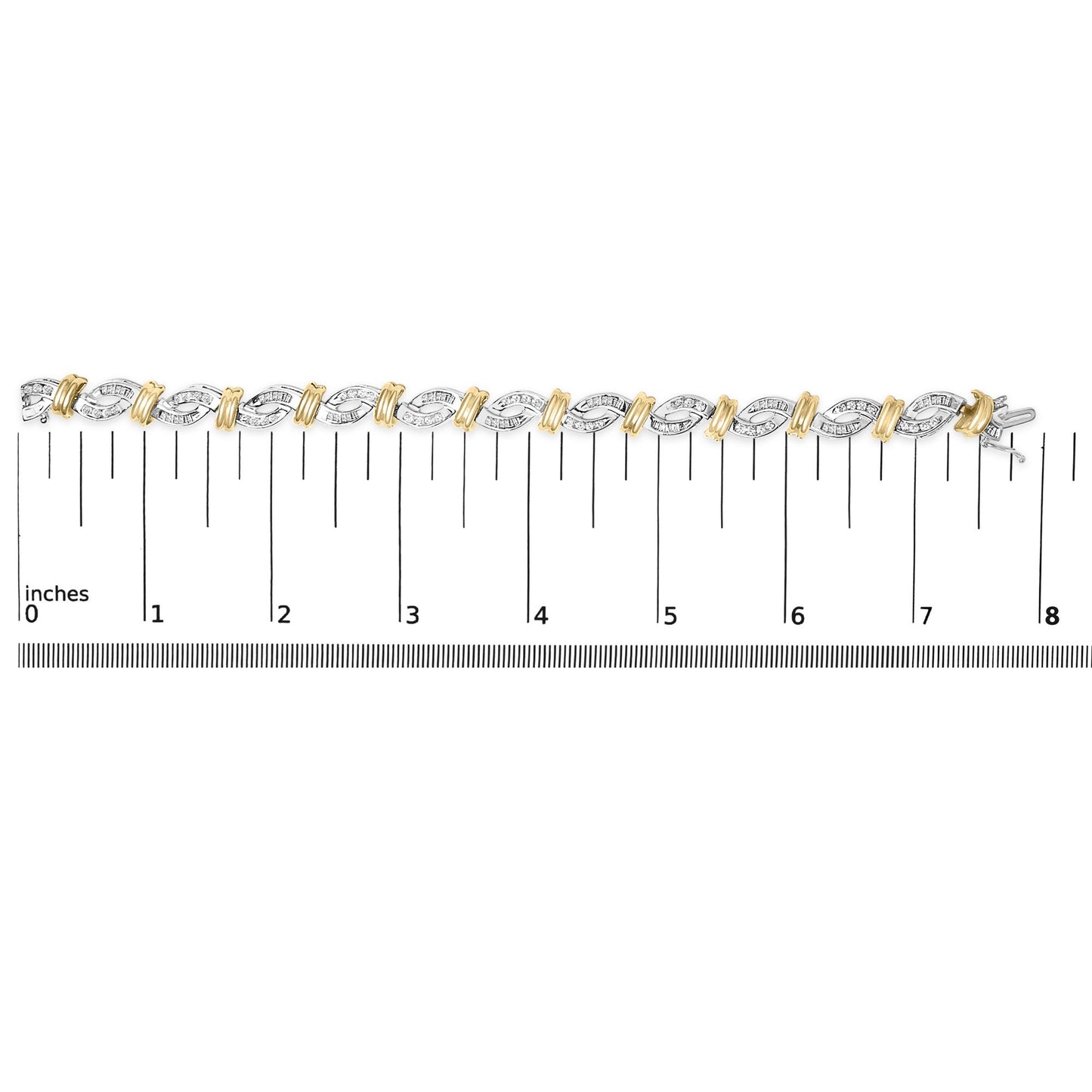 Bracelet shown on a scale, featuring alternating yellow and white metal links with channel-set white round and baguette-shaped gemstones, photographed from above at a flat angle.