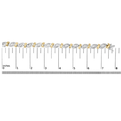 Bracelet shown on a scale, featuring alternating yellow and white metal links with channel-set white round and baguette-shaped gemstones, photographed from above at a flat angle.