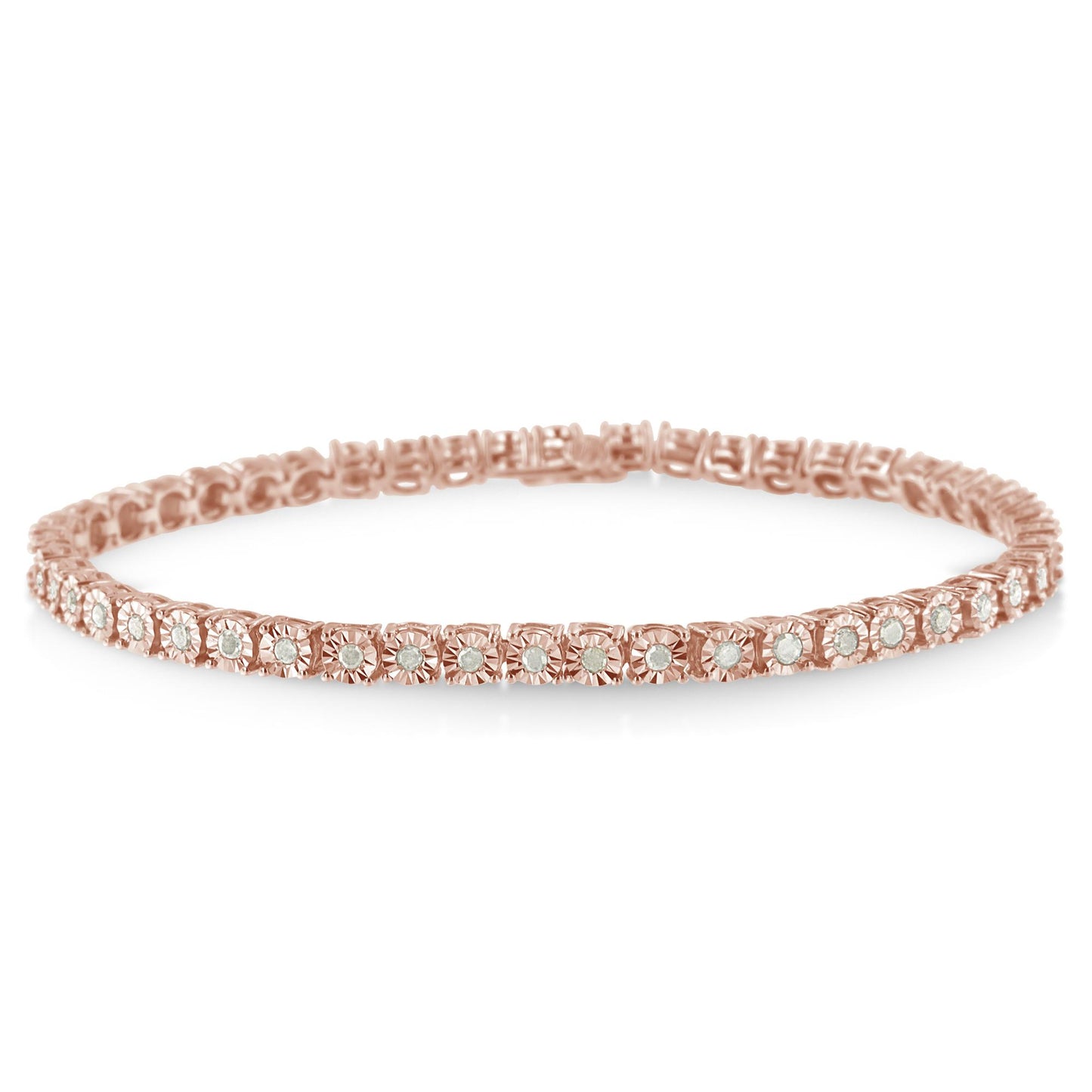 Close-up angled view of a rose-colored bracelet set with round white gemstones in a miracle setting.