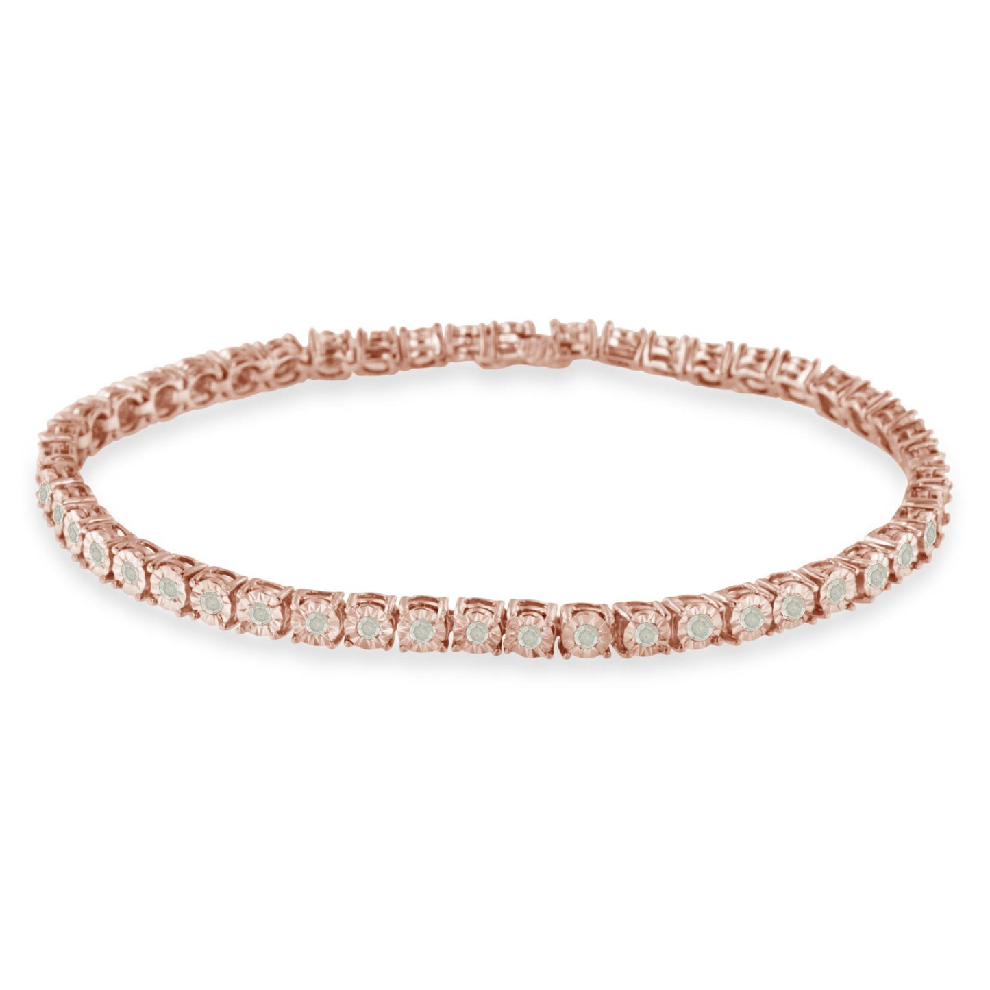 Close-up front angle view of a rose metal bracelet with round white gemstones in a miracle setting encircling it.