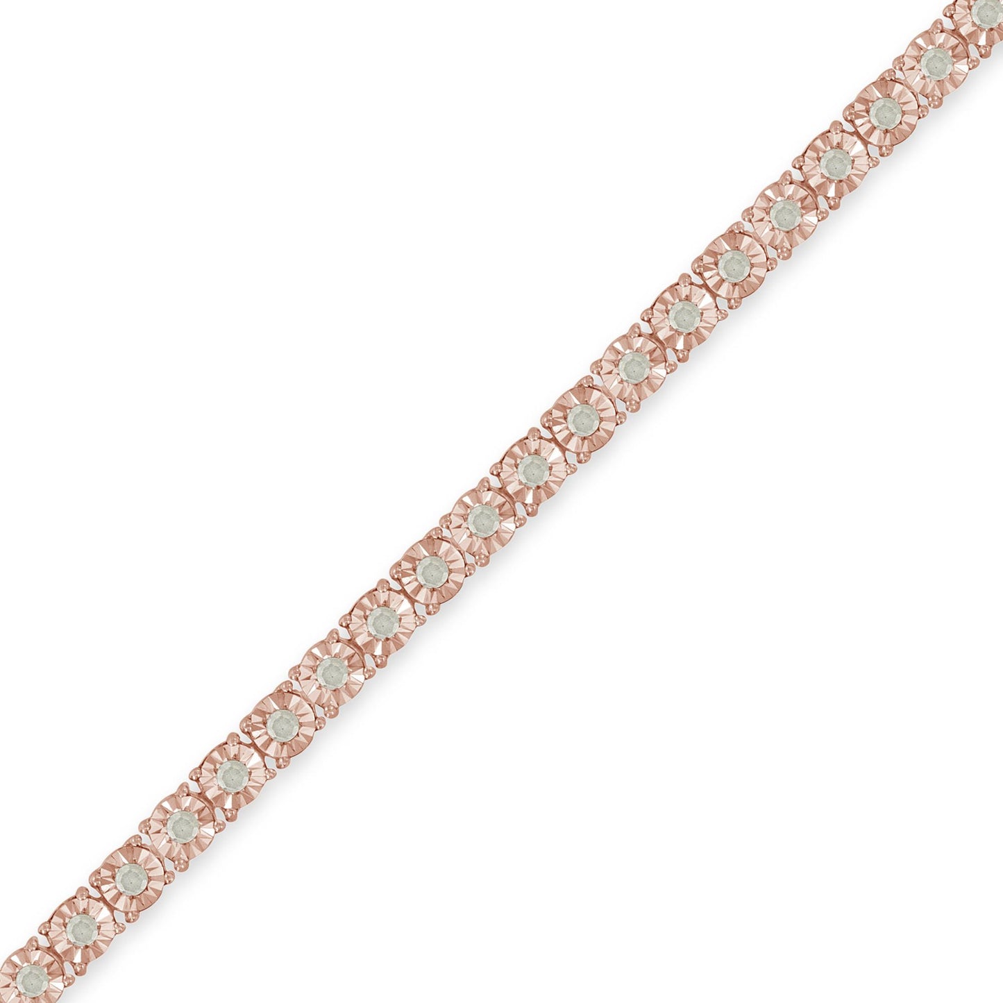 Rose metal bracelet with round white gemstones in miracle setting, shown in a diagonal close-up view.