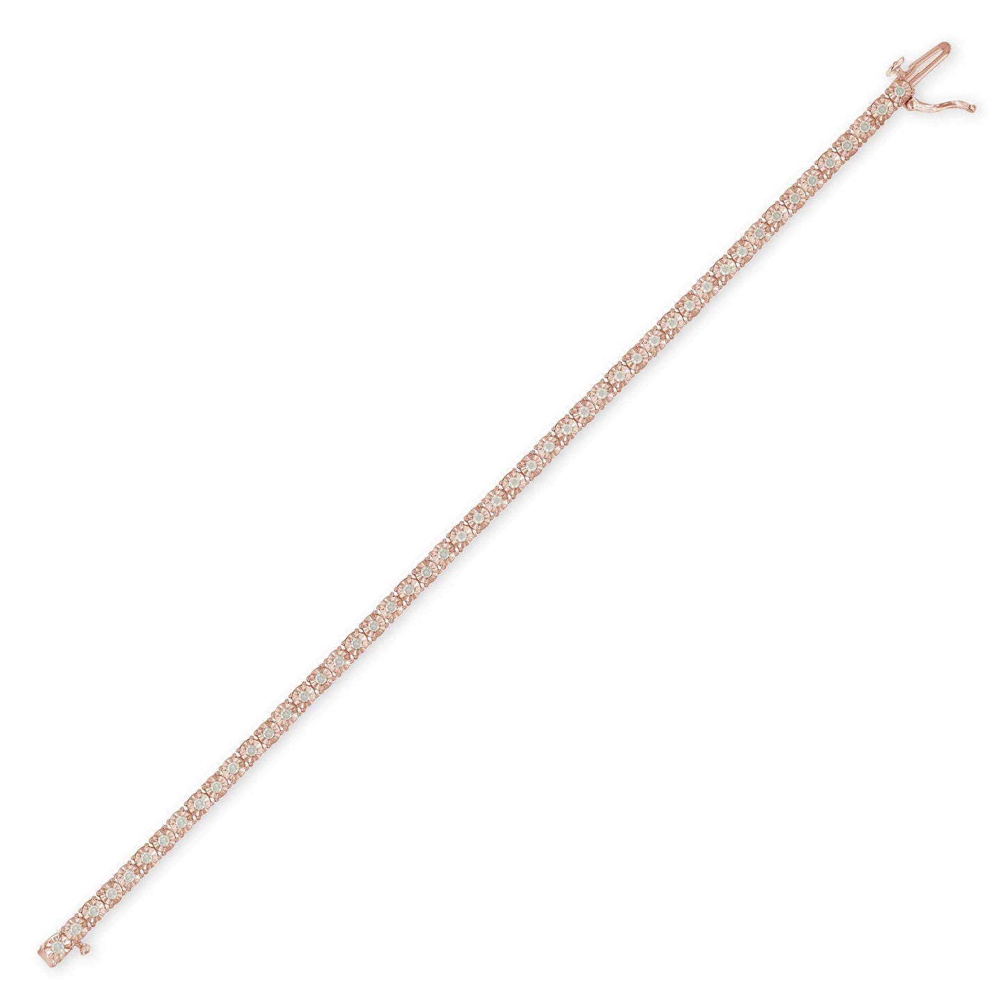 Rose-colored bracelet with round white gemstones in miracle setting, shown flat from a top-down angle.
