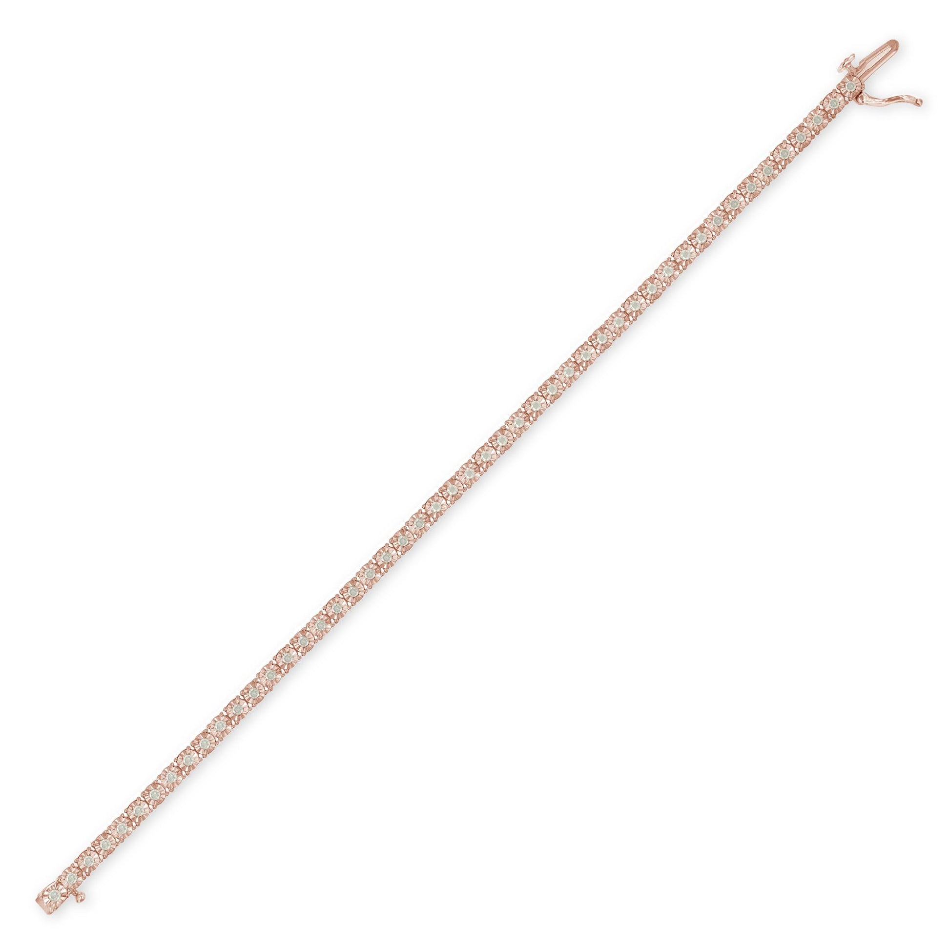 Rose-colored bracelet with round white gemstones in miracle setting, shown flat from a top-down angle.