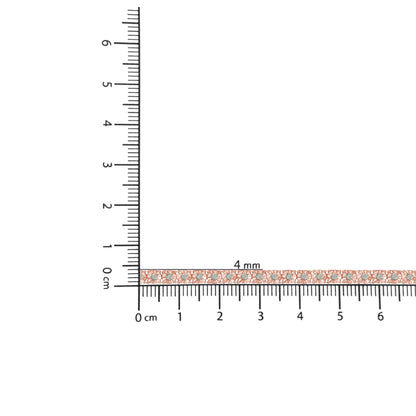 Close-up horizontal shot of a rose-colored bracelet with round white gemstones in miracle setting, placed on a ruler for size reference.