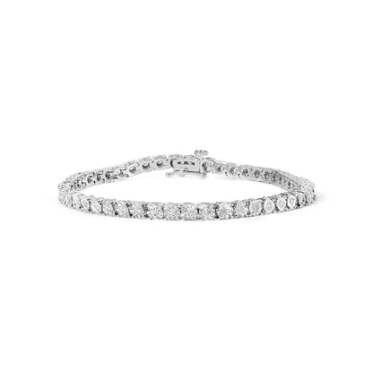 White metal bracelet with round white gemstones in a miracle setting, shown from a front angled view.