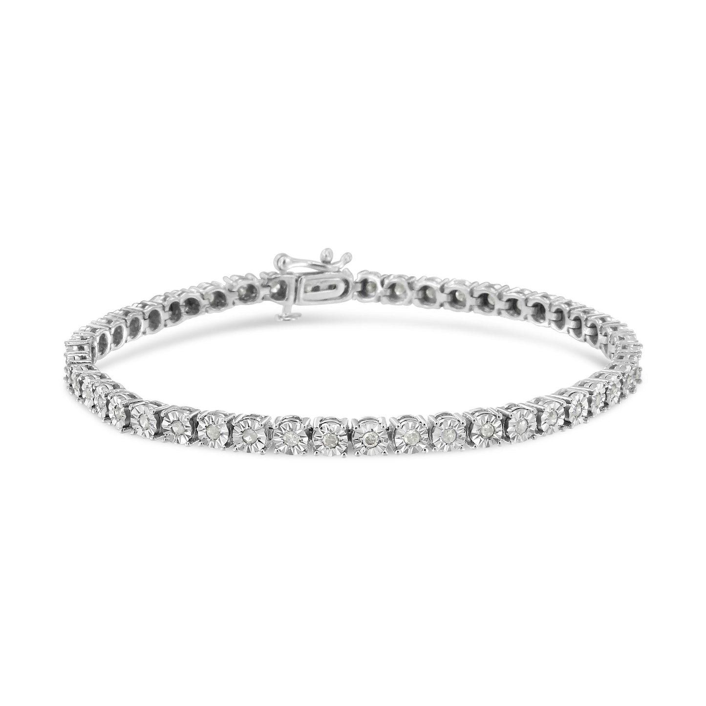White bracelet with round white gemstones in miracle setting, shown from a front angle on a white background.