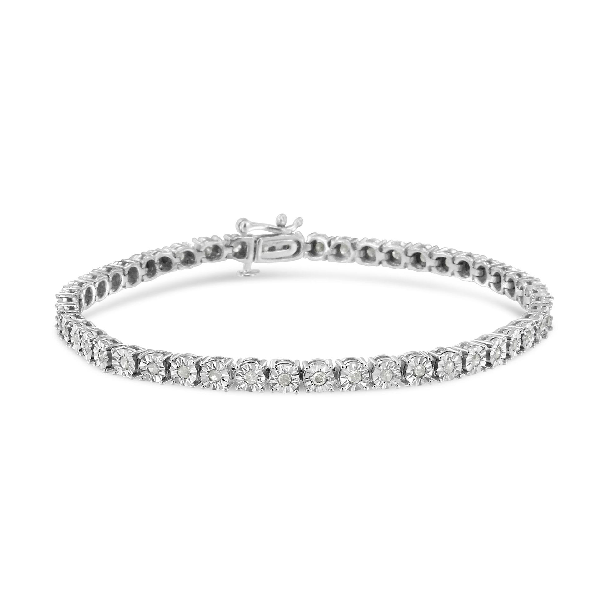 White bracelet with round white gemstones in miracle setting, shown from a front angle on a white background.