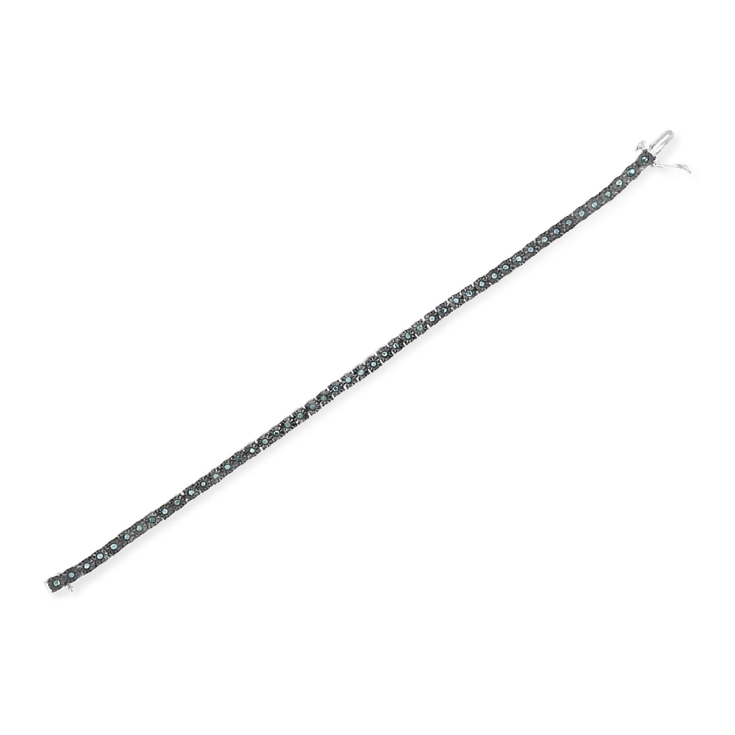 White metal bracelet with round blue gemstones in a miracle setting, shown flat from a top-down angle.