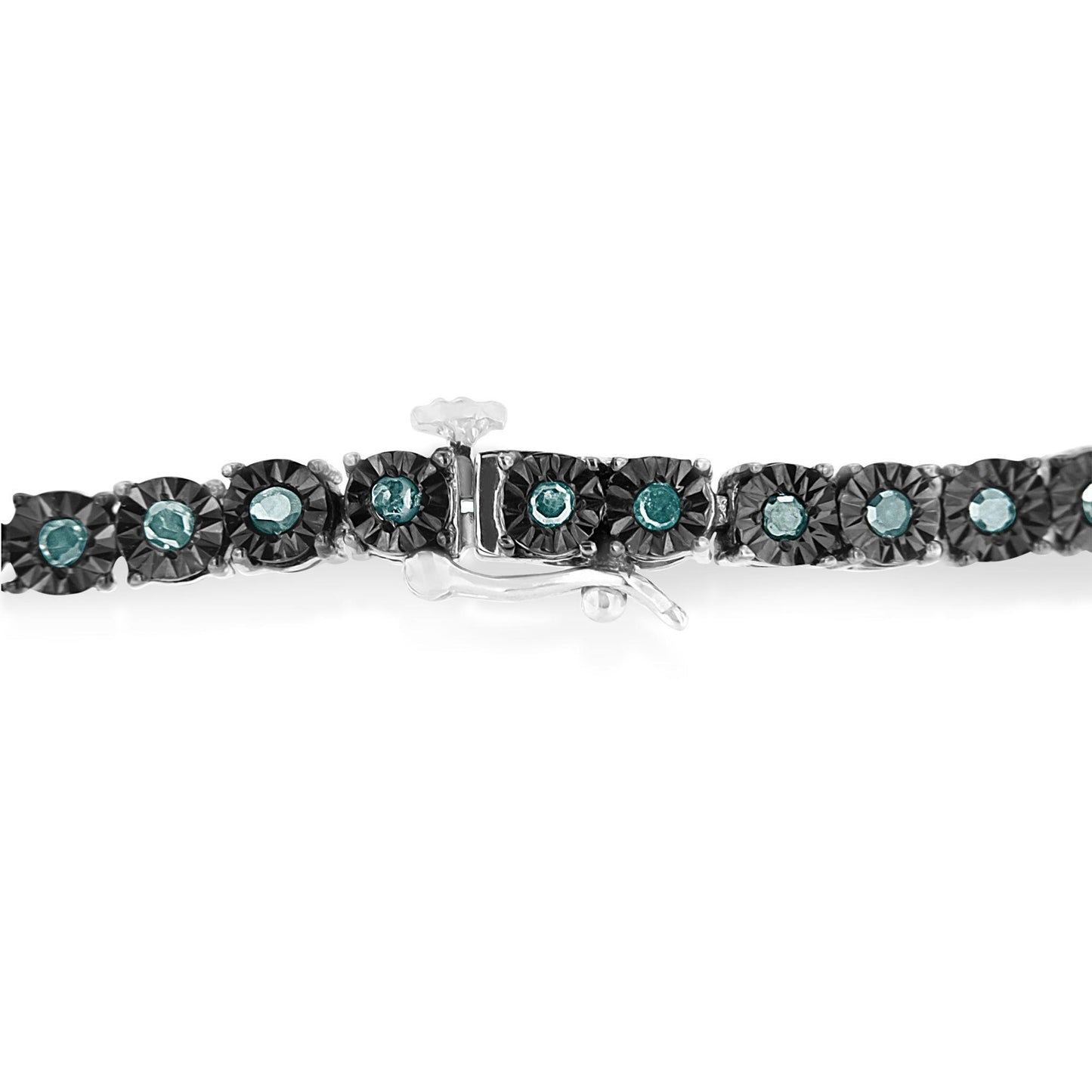Close-up side angle of a white metal bracelet with round blue gemstones set in a miracle setting, showing the clasp mechanism.