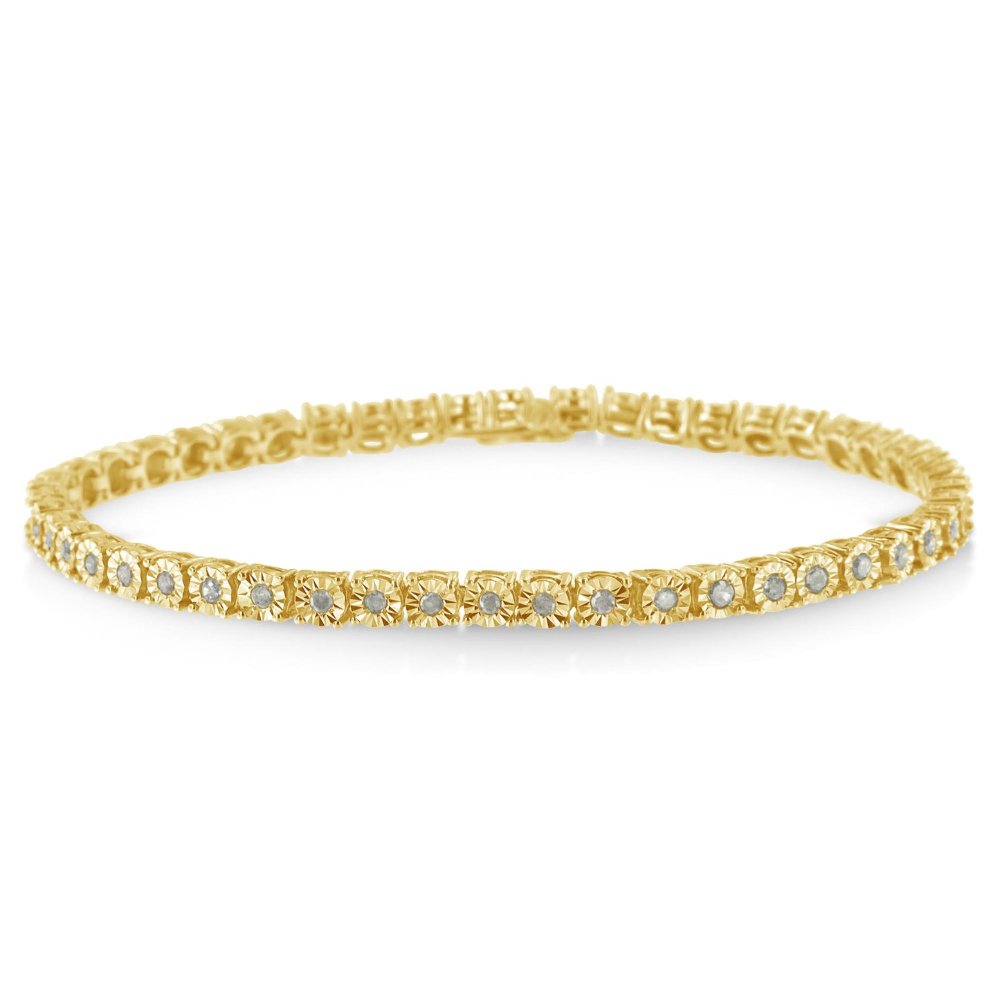 Close-up of yellow bracelet with round white gemstones in a continuous setting, shot from a slightly angled side view.