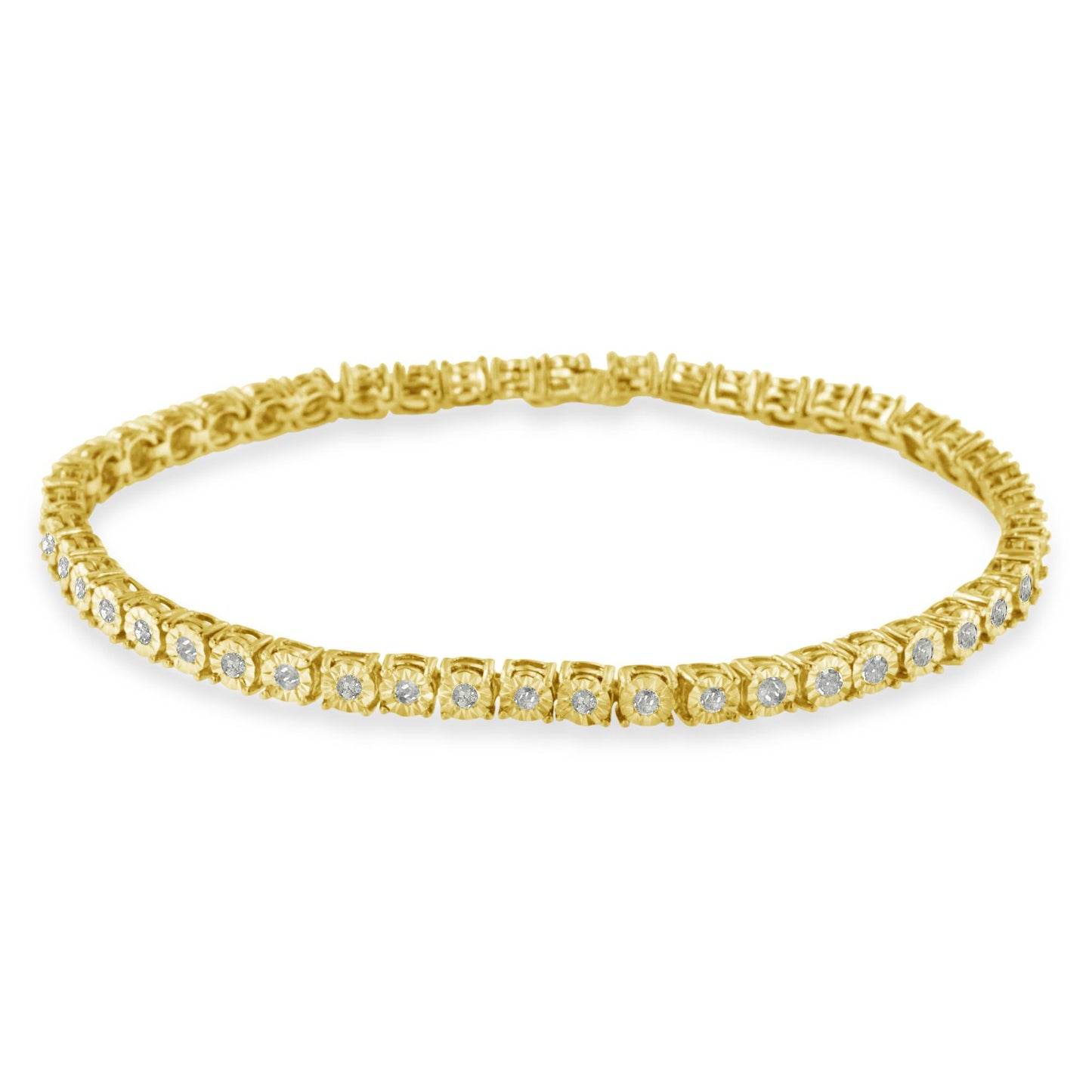 Yellow metal bracelet with round white gemstones in miracle setting viewed from a slightly elevated front angle.