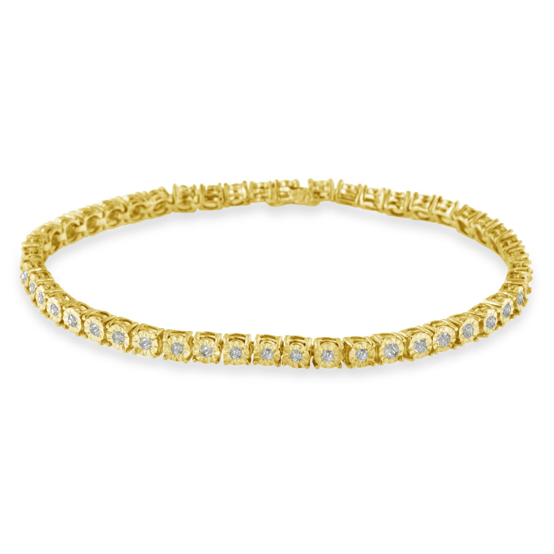 Yellow metal bracelet with round white gemstones in miracle setting viewed from a slightly elevated front angle.