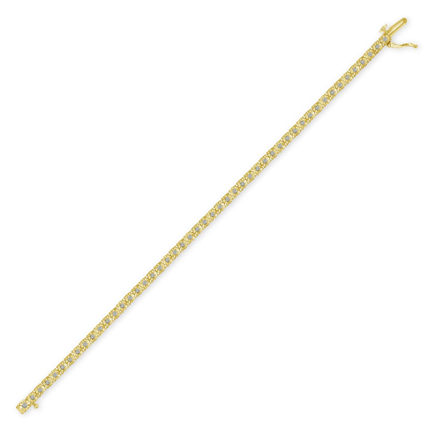 Yellow metal bracelet with round white gemstones in a miracle setting, shown from a top diagonal angle.