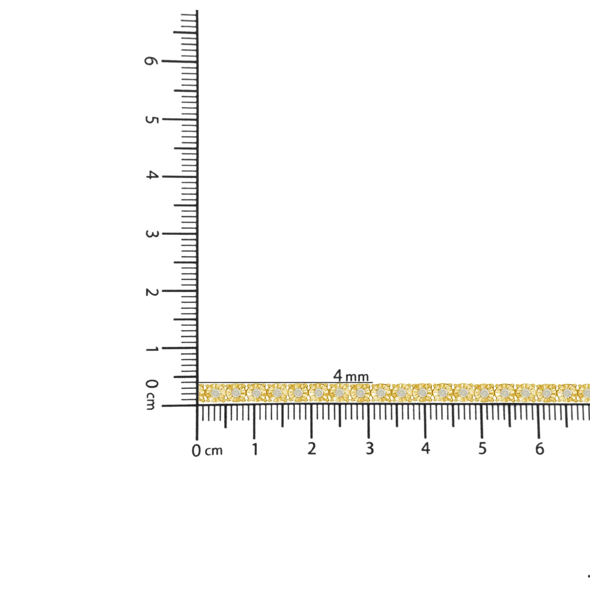 Yellow bracelet with round white gemstones in a miracle setting, shown flat on a ruler for size reference from a top-down angle.