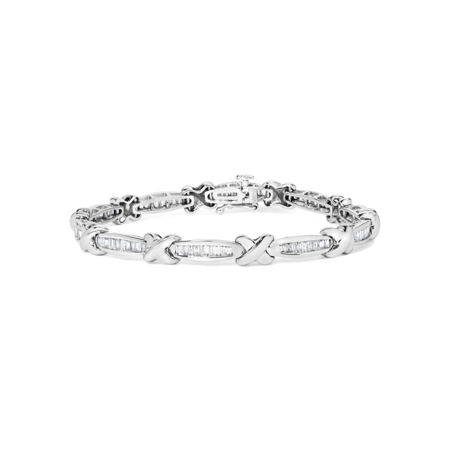 White metal bracelet with alternating X-shaped links and elongated sections set with white baguette-shaped gemstones, shown from a front angle.