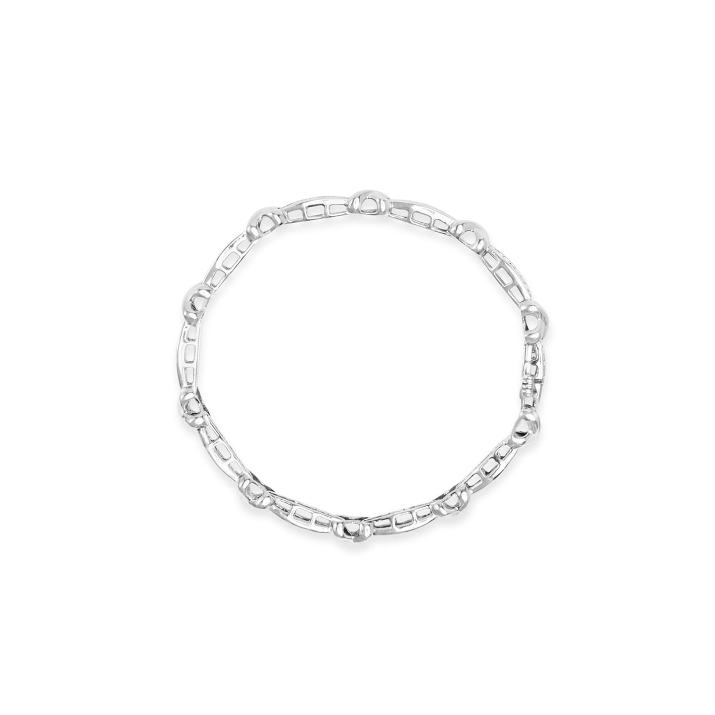 Top-down view of a white metal bracelet with an open link design and smooth rounded segments.