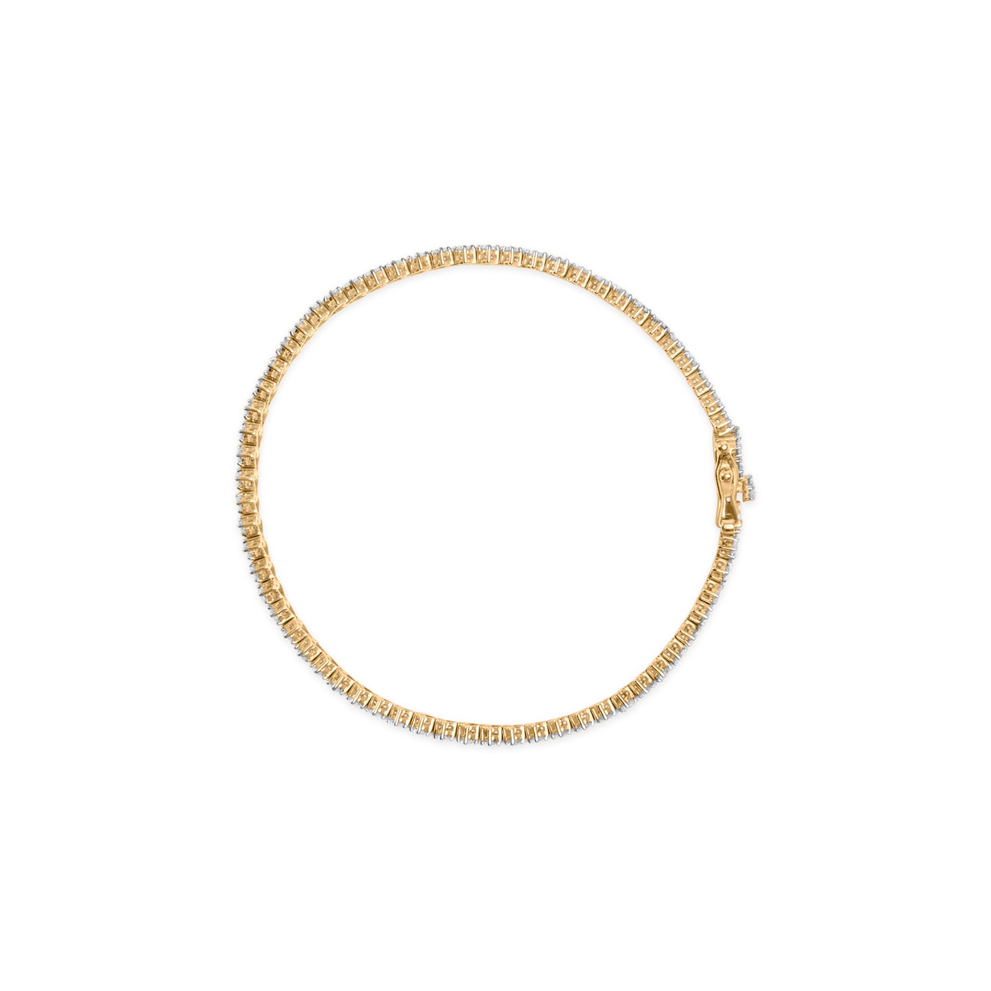 Top-down view of a yellow metal bracelet with a continuous row of prong-set white round gemstones around its circumference.