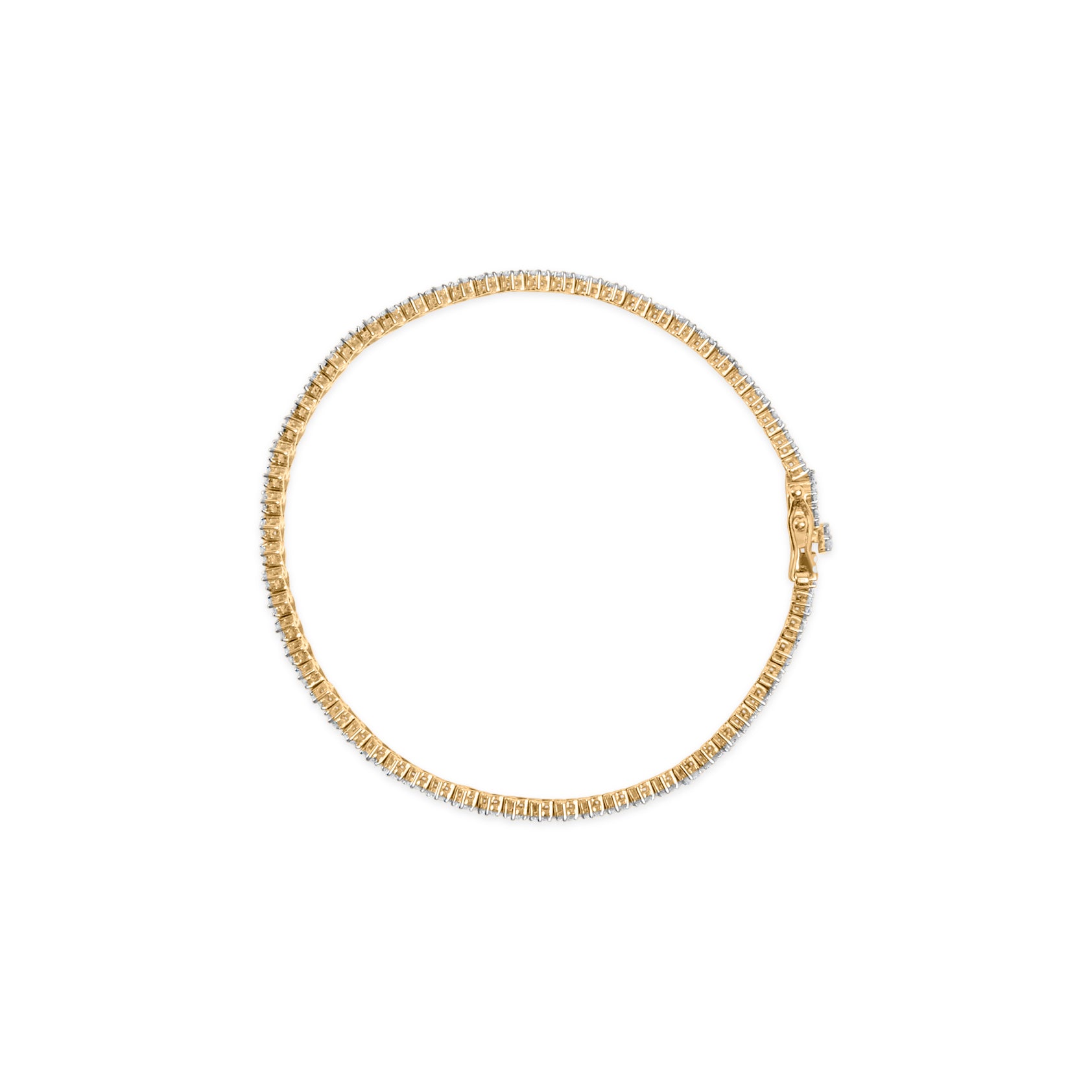 Top-down view of a yellow metal bracelet with a continuous row of prong-set white round gemstones around its circumference.
