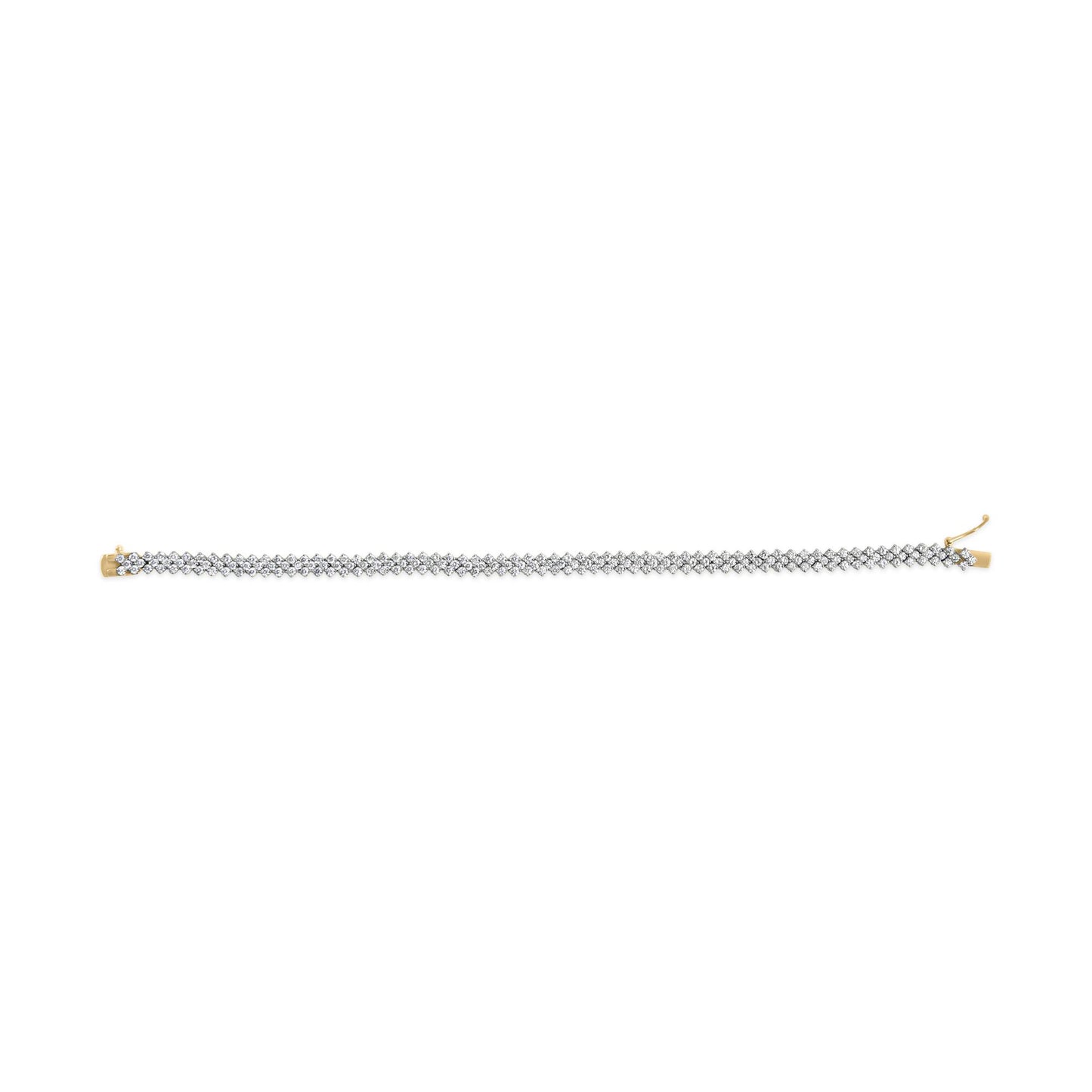 Top-down view of a yellow bracelet with two rows of round white gemstones in prong settings along its length.