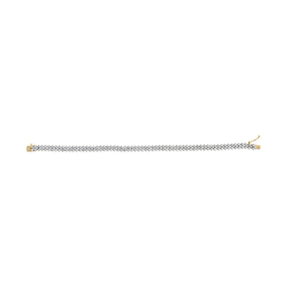 Top-down view of a yellow bracelet with two rows of round white gemstones in prong settings along its length.