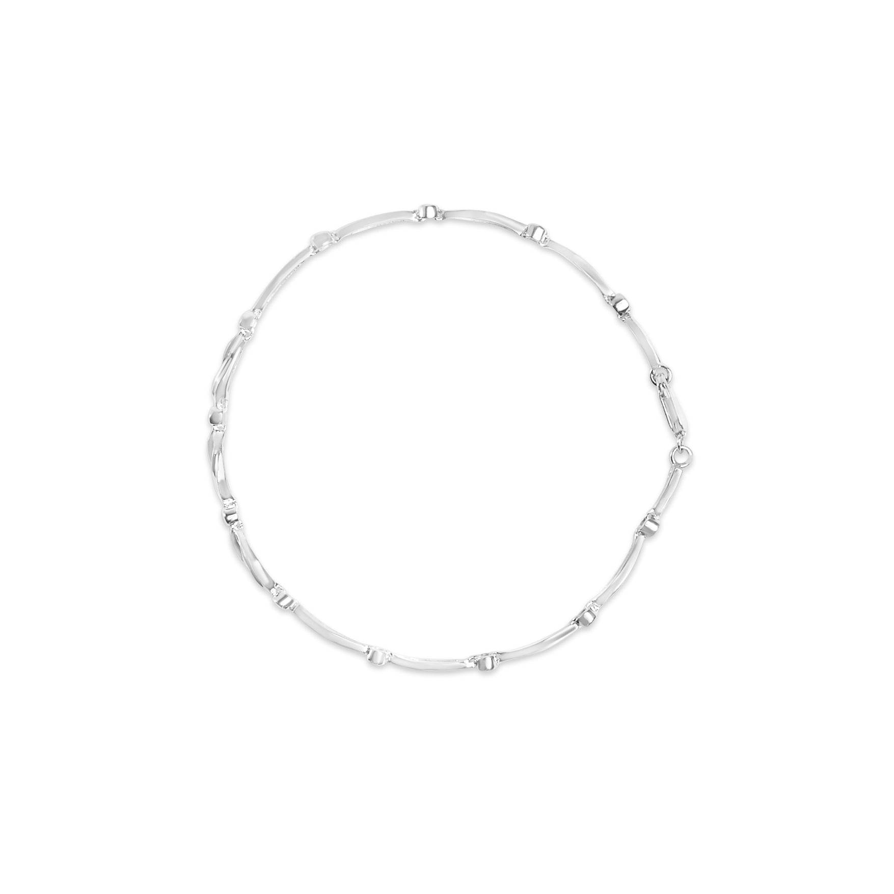 Top-down view of a white metal bracelet with round white gemstones set in a channel setting along the links.