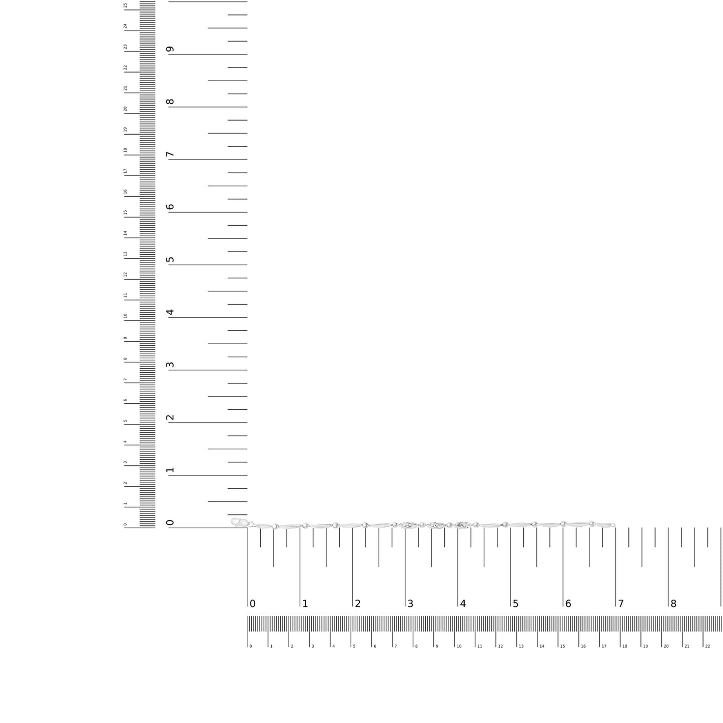White metal bracelet with round white gemstones in a channel setting, displayed flat on a ruler for size reference, top-down angle.