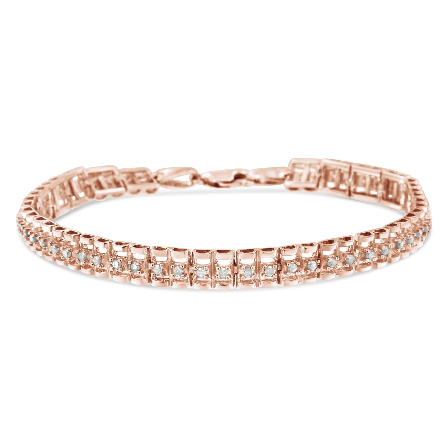 Rose metal bracelet with two rows of round white gemstones in prong settings, shown at a slight top front angle.