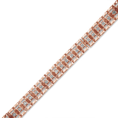 Close-up angled view of a rose-colored bracelet featuring round white gemstones in prong settings within a linked design.