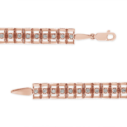 Close-up top and bottom views of a rose metal bracelet with prong-set round white gemstones, featuring a clasp, on a white background.