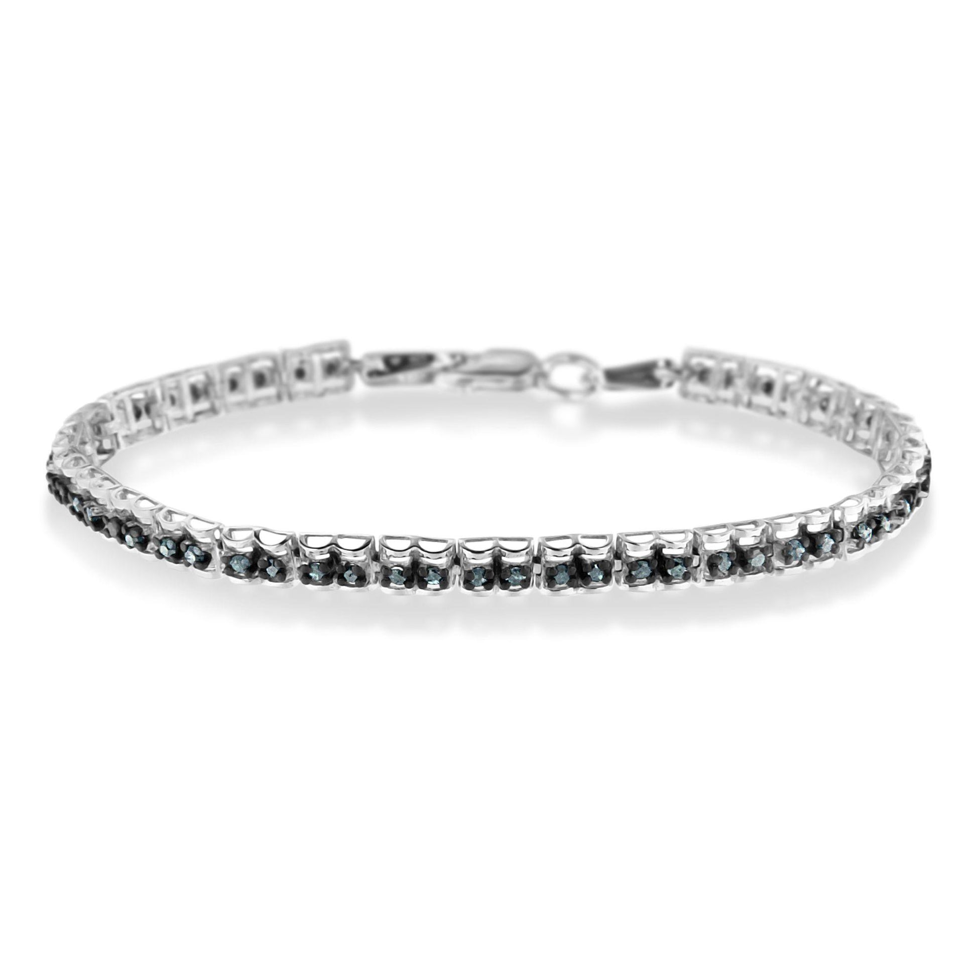 White metal bracelet with prong-set round blue gemstones, shown in a front angled view.