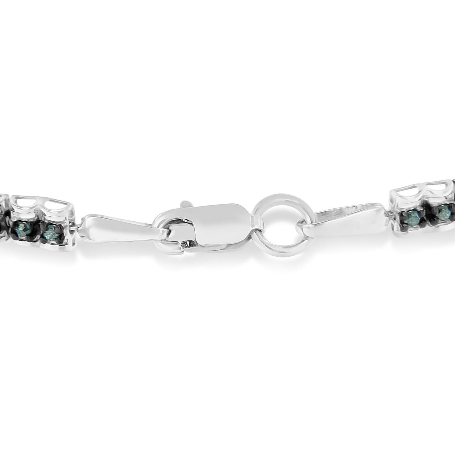 Close-up front angle of a white bracelet clasp with round blue gemstones in prong settings on each side.