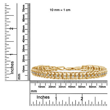 Yellow bracelet with round white gemstones in prong settings, shown in a front view on a ruler for size reference.