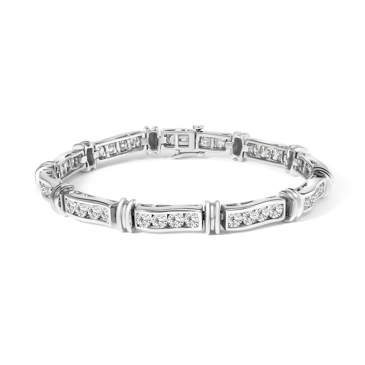 White metal bracelet with multiple rectangular segments, each featuring a row of round white gemstones in channel settings, shown from a front angled view on a white background.