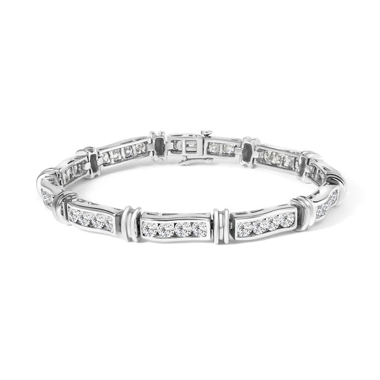White metal bracelet with multiple rectangular segments, each featuring a row of round white gemstones in channel settings, shown from a front angled view on a white background.