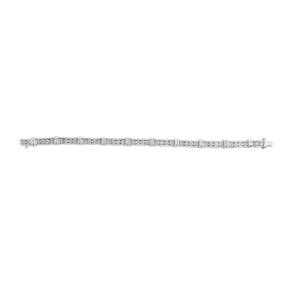 White metal bracelet shown flat in a top-down view, featuring multiple rectangular links each set with several round white gemstones in a channel setting.