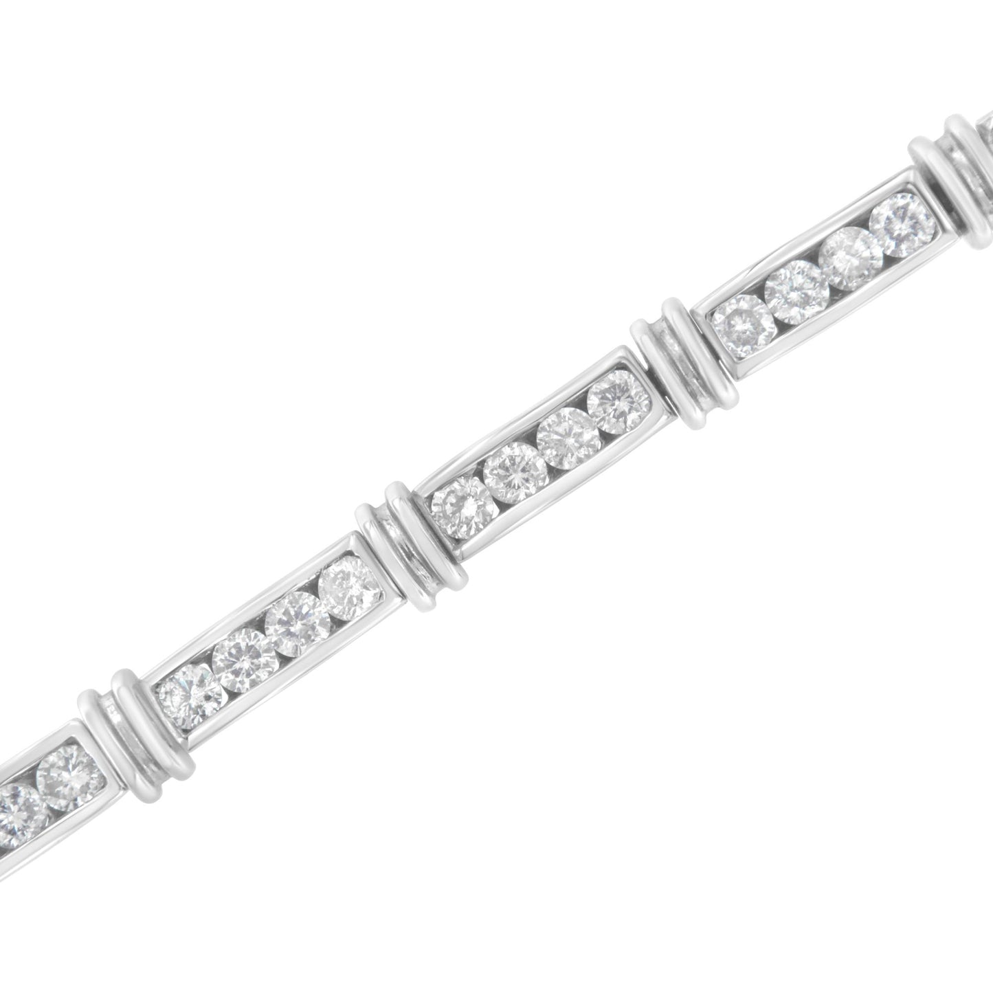 Close-up angled view of a white bracelet featuring rectangular segments with round white gemstones set in channel settings.