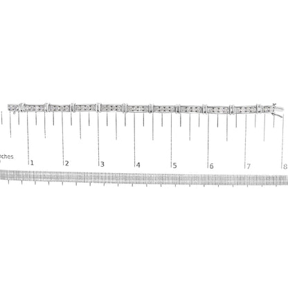 White bracelet with rectangular links set with round white gemstones in a channel setting, shown flat on a scale, top-down angle.